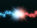 Collision of two forces with red and blue light. Vector versus concept. Royalty Free Stock Photo
