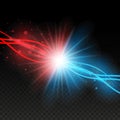 Collision of two forces with red and blue lights. Explosion concept. Isolated on black transparent background. Vector illustration