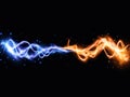 Collision of two forces with yellow and blue lights. Vector light effect. Realistic lightnings. Royalty Free Stock Photo