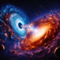 Collision of two galaxies. A black hole in the nucleus attracts matter from the other galaxy