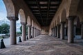 The collonnade arch passage and brick facade at the Town City hall of Stockholm