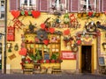 Colmar, France - April 30, 2017: Particular germanic colourful restaurant with heart decoration on its facade