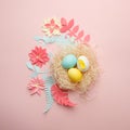 Coloeful easter eggs in nest on pastel color background with origami papercraft flower decoration. Copy space, greeting card Royalty Free Stock Photo