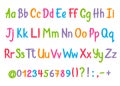 Coloful alphabet in sketchy style. Vector handwritten pencil letters, numbers and punctuation marks.