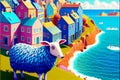 Coloful seaside town with sheep fun happy illustration