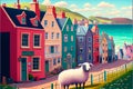 Coloful seaside town with sheep fun happy illustration