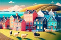 Coloful seaside town with sheep fun happy illustration Royalty Free Stock Photo