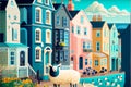 Coloful seaside town with sheep fun happy illustration