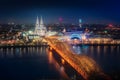 Cologne aerial view at night with Cathedral and Hohenzollern Bridge - Cologne, Germany Royalty Free Stock Photo