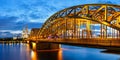 Cologne Cathedral city skyline and Hohenzollern bridge with Rhine river in Germany at twilight panorama Royalty Free Stock Photo
