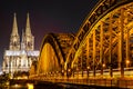 Cologne Cathedral and Hohenzollern Bridge at night Royalty Free Stock Photo