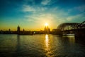 Cologne Cathedral, Catholic Church and Hohenzollern Bridge. Photo for postcard. Holy sunset.