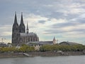 Cologne cathedral, museum Ludwig and medieval houses along river Rhine, Cologne