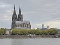 Cologne cathedral, museum Ludwig and medieval houses along river Rhine, Cologne