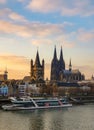 Cologne Germany alongside the rhein river during sunset with the huge Cathedral Royalty Free Stock Photo