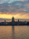 Cologne Germany alongside the rhein river during sunset with the huge Cathedral Royalty Free Stock Photo