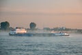 Cologne Germany August 2020, Inland shipping transport on the rhine river with containers, Large container and oiltanker