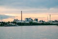 Cologne Germany August 2020, Inland shipping transport on the rhine river with containers, Large container and oiltanker