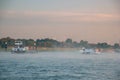 Cologne Germany August 2020, Inland shipping transport on the rhine river with containers, Large container and oiltanker