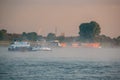 Cologne Germany August 2020, Inland shipping transport on the rhine river with containers, Large container and oiltanker