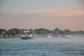 Cologne Germany August 2020, Inland shipping transport on the rhine river with containers, Large container and oiltanker