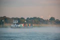 Cologne Germany August 2020, Inland shipping transport on the rhine river with containers, Large container and oiltanker