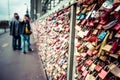 COLOGNE, GERMANY - AUGUST 26, 2014, Thousands of love locks which sweethearts lock to the Hohenzollern Bridge to symbolize their