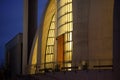 illuminated entrance of the Central Mosque in Cologne