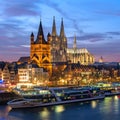 Cologne, Germany - January 22, 2017: View Church of Gross St. Martin., the Cathedral and the Rhine promenade.