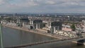 COLOGNE, GERMANY - JULY 8, 2022. Kranhaus or Crane House buildings the Rhine River embankment, aerial view Royalty Free Stock Photo