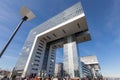 Cologne, Germany - MARCH 8, 2015: Futuristic crane houses called Kranhaus situated at Rheinau docks in Cologne - designed by