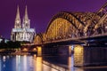 Cologne, Germany. Night View Of Cologne Cathedral And Hohenzollern Bridge Royalty Free Stock Photo