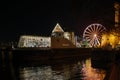 Outdoor night scenery along riverside of Rhine river and background of Hafen Weihnachtsmarkt.