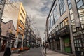 COLOGNE, GERMANY - NOVEMBER 6, 2022: Panorama of the Breite Strasse, empty, with shops and store closed on a sunday. Breite