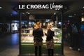 COLOGNE, GERMANY - NOVEMBER 11, 2022: Selective blur on a Le Crobag logo on their local fast food with clients buying dishes. le