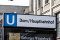 COLOGNE, GERMANY - NOVEMBER 6, 2022: Sign of the U-Bahn of Cologne of the station of Dom Hauptbahnhof.Koln U-Bahn, or Cologne Royalty Free Stock Photo