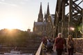 COLOGNE, GERMANY- OCTOBER 06, 2018: Tourists on the Hohenzollern Bridge. as a sign of strong love or strong friendship Royalty Free Stock Photo