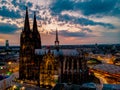 Cologne Koln Cathedral during sunset , drone aerial vie over Cologne and the river rhein during sunset in Germany Europe