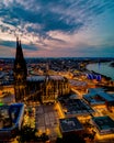 Cologne Koln Cathedral during sunset , drone aerial vie over Cologne and the river rhein during sunset in Germany Europe