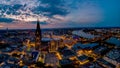 Cologne Koln Cathedral during sunset , drone aerial vie over Cologne and the river rhein during sunset in Germany Europe