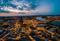 Cologne Koln Cathedral during sunset , drone aerial vie over Cologne and the river rhein during sunset in Germany Europe