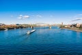 Cologne Koln, Germany, Panorama view of the Rhine River with HohenzollernbrÃÂ¼cke, Cargo Ship and Blue Sky