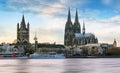 Cologne over the Rhine River with cruise ship in Cologne, German Royalty Free Stock Photo