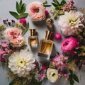 Cologne and perfume bottles surrounded by flowers seen from above. Royalty Free Stock Photo