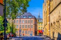 Cologne street with Old Saint Alban church and Standesamt buildings Royalty Free Stock Photo