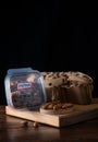 Colomba with chocolate and box of almonds for bakers.