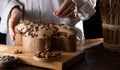 Colomba with chocolate. Easter Italian cake with almonds and chocolate in the shape of a dove.