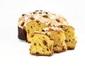 Colomba Pasquale, typical italian easter cake,with some slices in front. The name means Easter Dove in english language