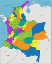 Colorful Colombia political map with clearly labeled, separated layers.
