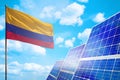 Colombia alternative energy, solar energy concept with flag industrial illustration - symbol of fight with global warming, 3D